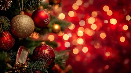 Warm Christmas Tree Ornaments With Red and Gold Baubles and Soft Bokeh Lights