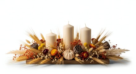 ThanksGiving Day Elegant autumn centerpiece with glowing candles and natural harvest accents, perfect for Thanksgiving celebrations and seasonal home decor, bringing warm autumnal charm