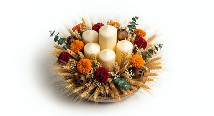 ThanksGiving Day Elegant fall centerpiece featuring ivory candles, vibrant orange and red flowers, and golden wheat stalks for a warm autumn celebration, perfect for Thanksgiving and seasonal decor