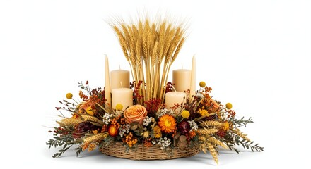 ThanksGiving Day Elegant autumn centerpiece with candles and wheat for a warm Thanksgiving celebration, perfect for cozy fall decor and festive gatherings, bringing seasonal charm and golden hues