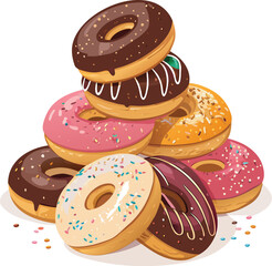 Stack of three colorful donuts with pink, blue, and brown glaze, decorated with sprinkles, delicious dessert illustration	
