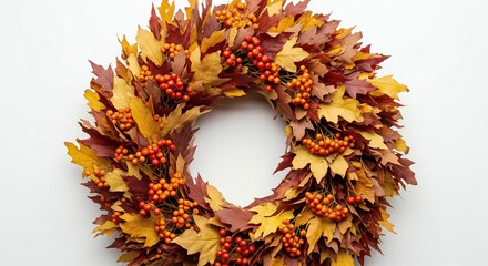 ThanksGiving Day Stunning Autumn Wreath with Colorful Fall Leaves and Vibrant Berries, Perfect for Thanksgiving and Seasonal Decor, a Symbol of Harvest and Warmth for Festive Celebrations