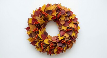 ThanksGiving Day Stunning autumn wreath of vibrant fall leaves and bright berries on white background, perfect for Thanksgiving decor, seasonal greetings, and cozy designs for nature lovers