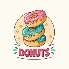 Stack of three colorful donuts with pink, blue, and brown glaze, decorated with sprinkles, delicious dessert illustration	
