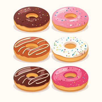 Stack of three colorful donuts with pink, blue, and brown glaze, decorated with sprinkles, delicious dessert illustration	
