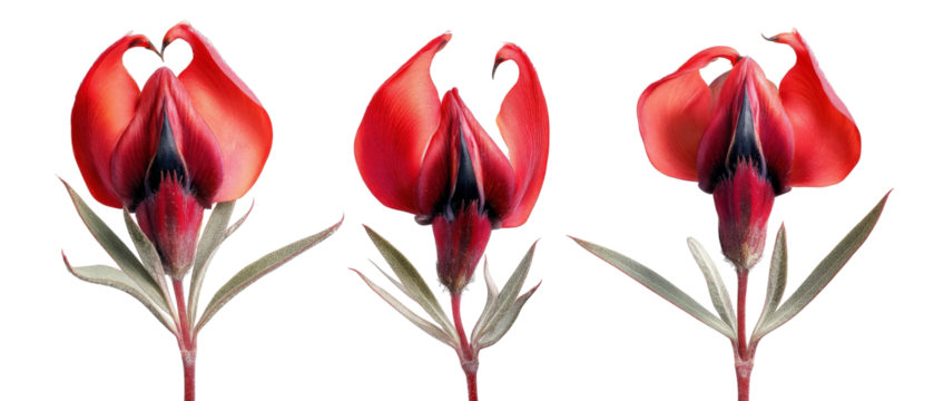 A vibrant trio of red flowers showcasing intricate petal shapes and textures, set against a neutral background, ideal for botanical illustrations or floral design projects