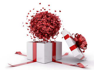 Red hearts bursting from open gift box creating romantic celebration