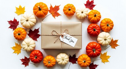 ThanksGiving Day Send heartfelt autumn greetings with this beautiful Thanksgiving gift presentation surrounded by colorful pumpkins and fall foliage, perfect for seasonal promotions and warm wishes