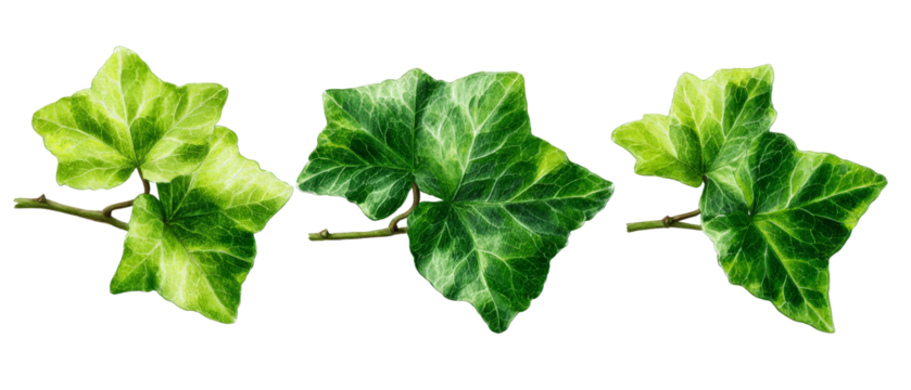 A close-up view of vibrant green ivy leaves showcasing their intricate patterns and textures, set against a transparent background, ideal for nature-themed designs or botanical illustrations