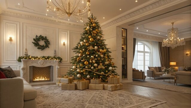 Christmas tree ornaments gifts fireplace interior design holiday season festive celebration decoration luxury home living room family gathering winter cheer joy