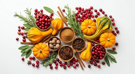 ThanksGiving Day Create a stunning Thanksgiving spread with vibrant pumpkins, fresh cranberries, warming spices like cinnamon and star anise, plus aromatic sage and rosemary for all your autumn recipe