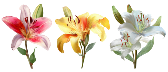 A vibrant arrangement of three different colored lilies in full bloom, showcasing intricate petals and lush green leaves, set against a neutral background for a fresh, natural look