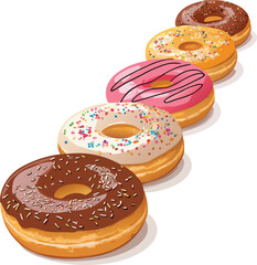 Stack of three colorful donuts with pink, blue, and brown glaze, decorated with sprinkles, delicious dessert illustration	

