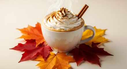 ThanksGiving Day Indulge in the Flavors of Fall with Steaming Pumpkin Spice Latte Topped with Whipped Cream and Cinnamon Stick Resting on Vibrant Autumn Leaves, Perfect for Cozy Moments and Seasonal D
