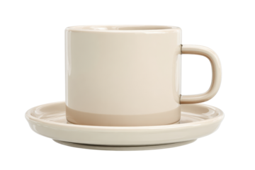 Cream ceramic mug and saucer with tan band isolated on black porcelain