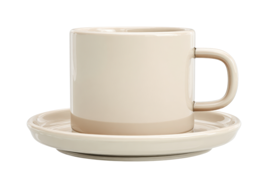 Cream ceramic mug and saucer with tan band isolated on black porcelain