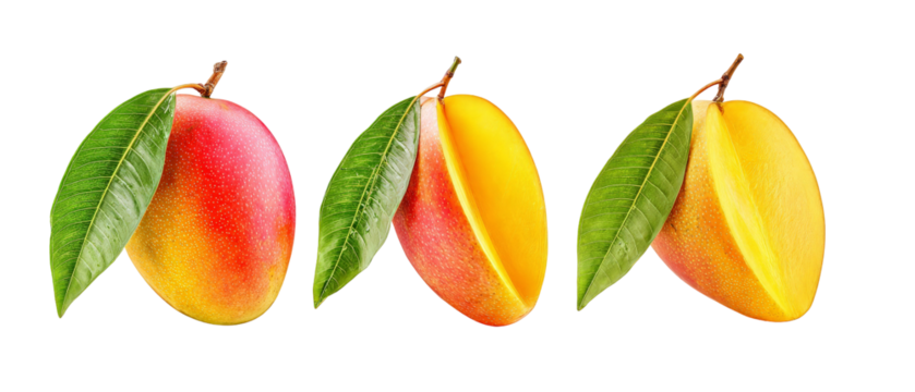 Three ripe mangoes with vibrant colors and green leaves, arranged in a row, showcasing their natural beauty against a clean background, ideal for culinary and health-related uses