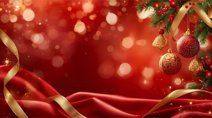 Festive Red Christmas Scene With Ornaments, Ribbons, And Bokeh Lights For Holiday Decor