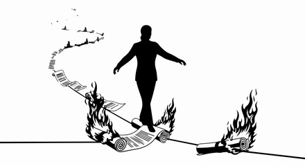 Fototapeta premium Silhouette of a person balancing on a tightrope made of paper, with flames on either side.
