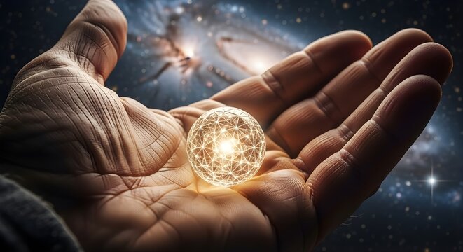 AI Potential: Human Hand Cradling Luminous Fractal Seed with Cosmic Background