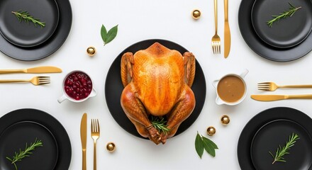 ThanksGiving Day Celebrate Thanksgiving with a stunning roasted turkey, cranberry sauce, and gravy elegantly displayed on a modern black plate setting perfect for festive gatherings and family feasts