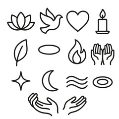 Spiritual Icon Collection. Spiritual Unity linear icon set: lotus flower, dove, heart, candle, leaf, aura ring, flame, hands circle, star, moon, wave, ripple. , .