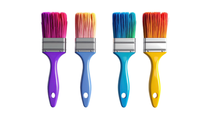 Four paintbrushes in vibrant hues stand in a row