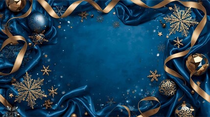 Elegant Blue Holiday Scene With Gold Ribbons, Snowflakes And Ornaments For Christmas Decor Backdrop Celebration Winter
