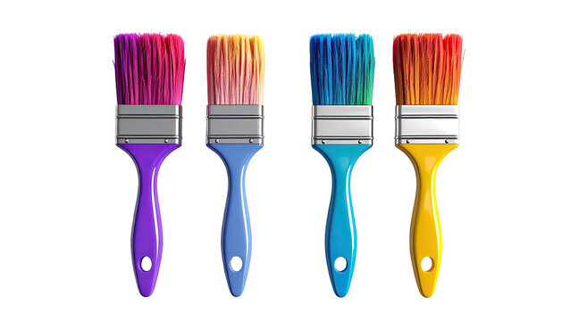 Four paintbrushes in vibrant hues stand in a row
