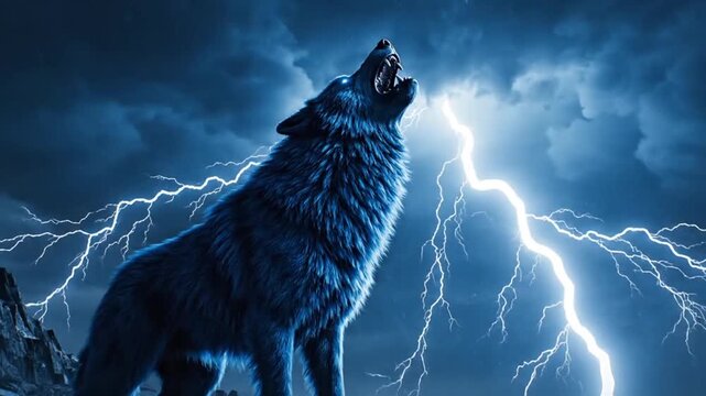 A powerful blue wolf stands on a rocky cliff, howling at a dramatic night sky filled with striking lightning bolts and dark storm clouds