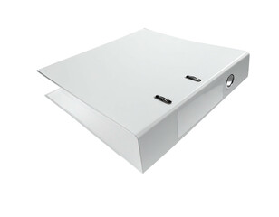White ring binder slightly open, isolated on a black backdrop