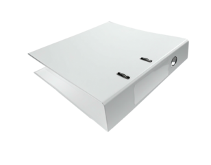 White ring binder slightly open, isolated on a black backdrop