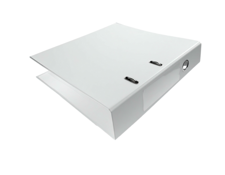 White ring binder slightly open, isolated on a black backdrop