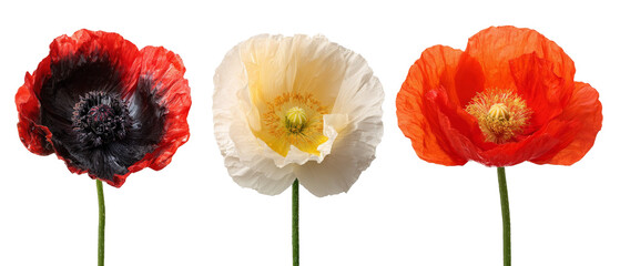 Obraz premium A vibrant display of three distinct poppy flowers showcasing red, white, and orange petals with intricate details, set against a clean black background, ideal for floral-themed designs