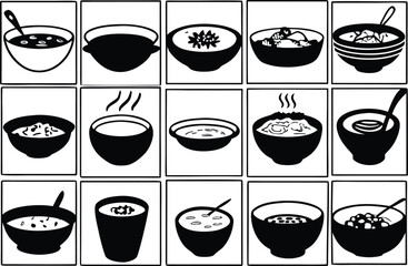 Scalable vector icons bundle of 30 soup and stew dishes for culinary design and menus