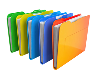 Row of colorful file folders with white papers visible