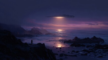 UFO Encounter on a Rocky Coast at Twilight Sci-Fi Concept