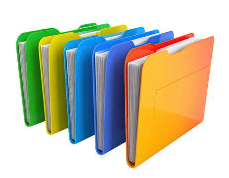 Row of colorful file folders with white papers visible