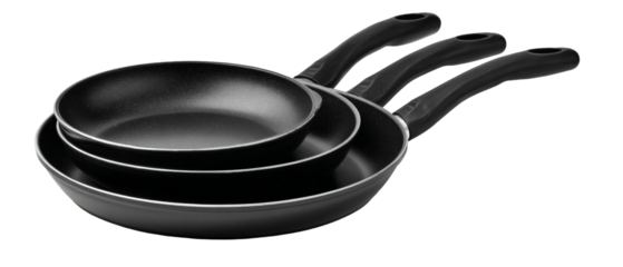 A set of three non-stick frying pans in varying sizes, showcasing sleek black surfaces and ergonomic handles, placed against a neutral background, ideal for culinary presentations
