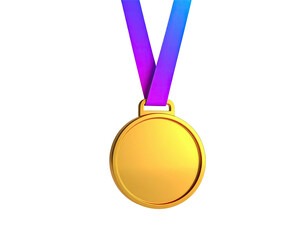 Glossy gold medal with purple-blue ribbon on black background