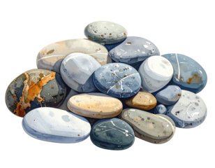 Watercolor painting of a pile of smooth, various colored rocks