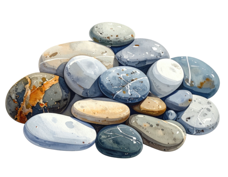 Watercolor painting of a pile of smooth, various colored rocks