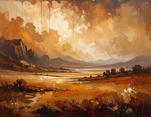 A landscape painting depicts a vast, golden-hued valley framed by distant mountains and a dramatic, cloudy sky. Brushstrokes convey texture