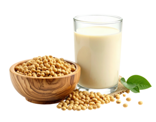 Soybeans in a bowl and a glass of soy milk
