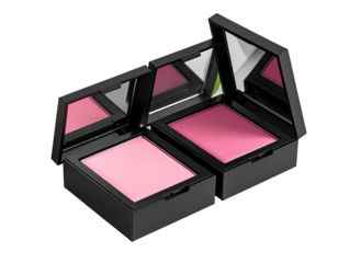 Two open compacts with bright pink blush, black casing and mirror