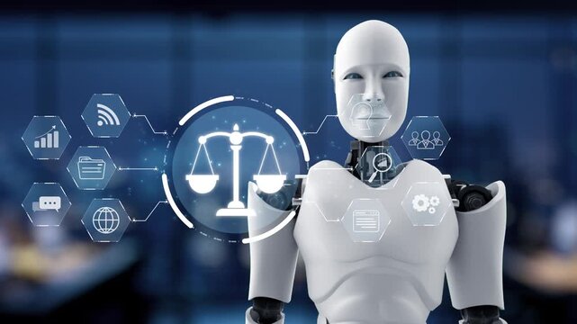 A humanoid robot engages with digital symbols representing law and justice, illustrating the fusion of advanced technology and legal fields in contemporary contexts. Synapse