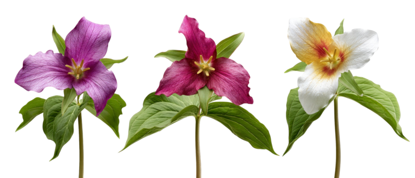 A vibrant display of three Trillium flowers, showcasing their unique colors and shapes, set against a neutral background, perfect for nature enthusiasts and botanical studies