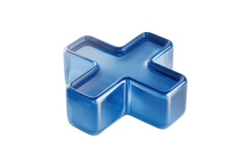 Translucent blue glass cross symbol with rounded edges on black background image