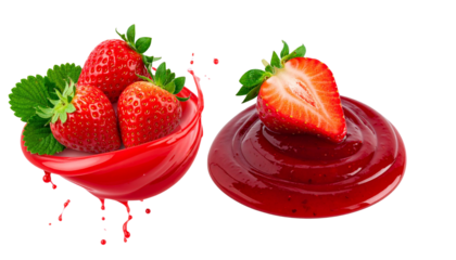 Pair of Fresh Strawberry and Jam Splash Variations isolated on transparent background
