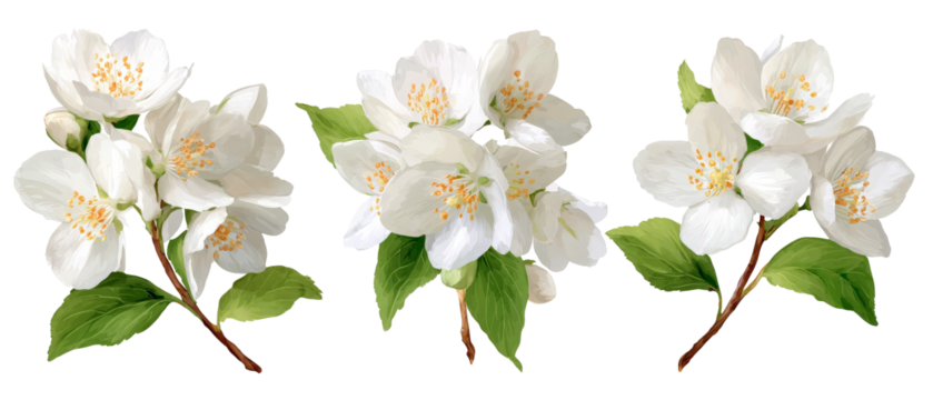 A close-up view of delicate white jasmine flowers blooming, showcasing their intricate petals and vibrant green leaves, set against a soft, blurred background suggesting a serene garden atmosphere